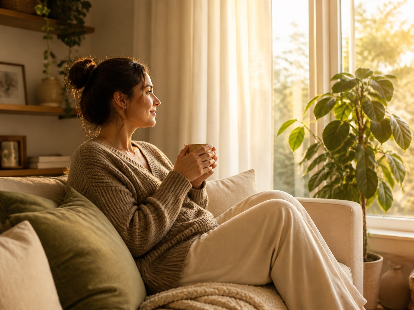 A woman enjoying a quiet moment with a warm drink by a sunny window